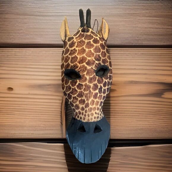 VINTAGE HAND CARVED WOOD GIRAFFE HEAD TRIBAL MASK WALL ART Approximately 15” - Picture 3 of 16